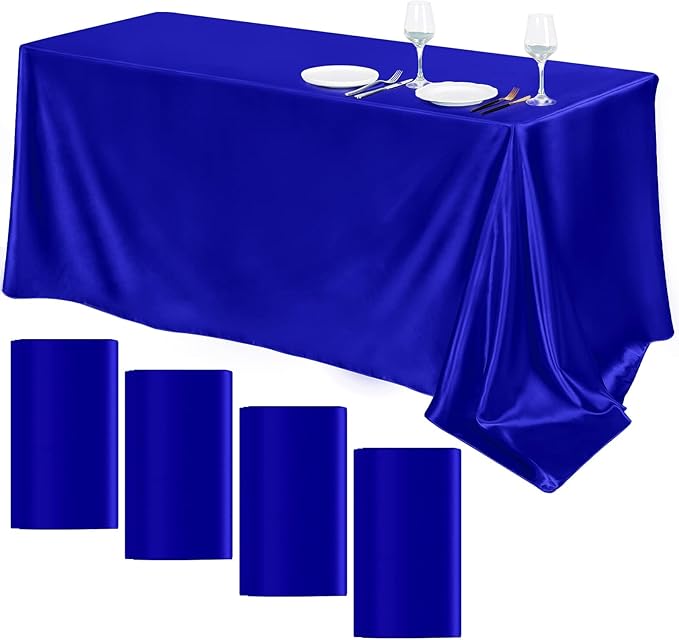 TURSTIN 4 Packs Satin Tablecloth 102 x 58 Inch Overlay Satin Table Cover Rectangle Bright Silk Tablecloth Smooth Fabric Table Decoration for Wedding Banquet Party Events, Royal Blue