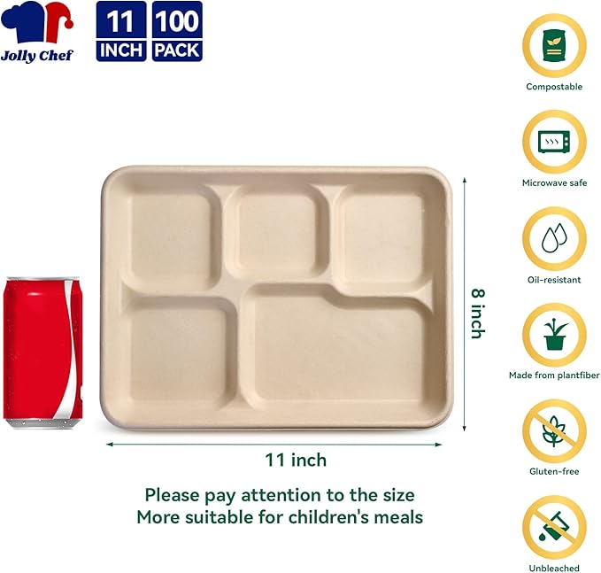 JOLLY CHEF Compostable 𝟱 Compartment 𝟭𝟭 * 𝟴 𝗶𝗻𝗰𝗵 Paper Plates [𝟭𝟬𝟬 𝗣𝗮𝗰𝗸] Heavy Duty Small Natural Divided Eco-Friendly Biodegradable Containers Food Trays for Dinner Lunch Buffet (100 Pack)