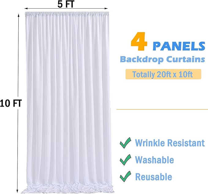 20ftx10ft White Backdrop Curtains for Party Background, Wrinkle Free 4 Panels 5x10ft Silky Polyester Photo Backdrop Drapes Back Drop Cloth for Wedding Birthday Photography Baby Shower Decor