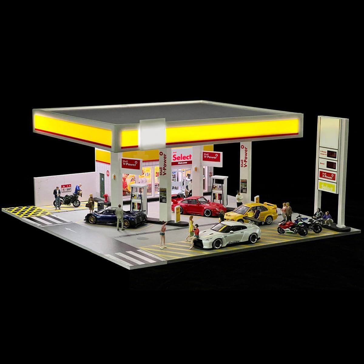 1/64 Diorama Display Case Gas Station with LED Lights, Gas Station Architecture Scene DIY Miniature Building Model for Teens (Cars & Figures Not Included)
