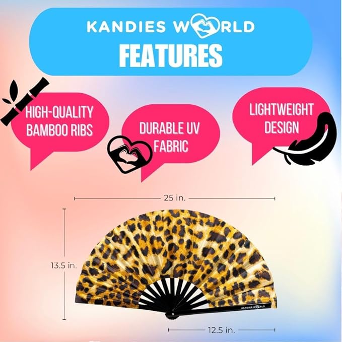 Kandies World UV Reactive Custom Festival Folding Hand Fan - Unique Designs, Made of Bamboo, Clacking Sound, Lightweight - Perfect Rave and Festival Accessory!