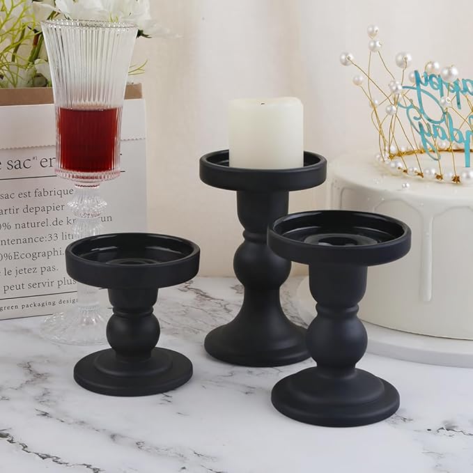 3-Piece Set of Black Glass Candlestick, Crystal Candlestick Holder Holder and Conical Candle, Christmas Candle Holder Decoration, Family Living Room Wedding Candle Holder (black1set)