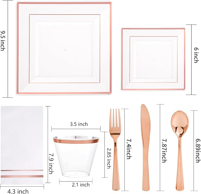 Festiva 350Pcs Rose Gold Plastic Plates - Clear Rose Gold Disposable Dinnerware Sets for 50Guests include 100 Plates 50 Cups 50Plastic Cutlery 50Napkins Perfect for Party&Wedding&Mother's Day