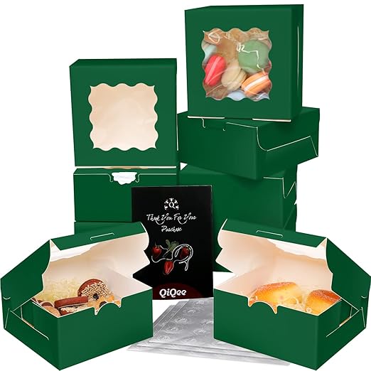 Bakepacker 60pcs Deep Green Bakery Boxes with Window 6x6x3 inches Thick & Sturdy Macaroon Pastry Boxes Cookie Boxes for Bakerys