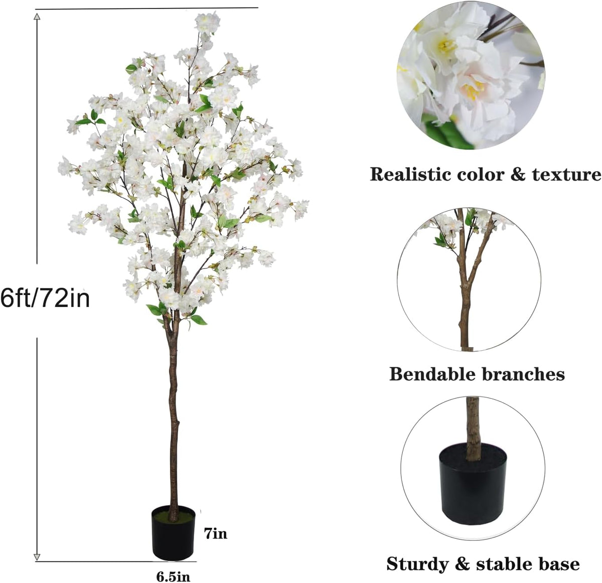 6ft artificial cherry blossom tree, lifelike white cherry, close-up detail