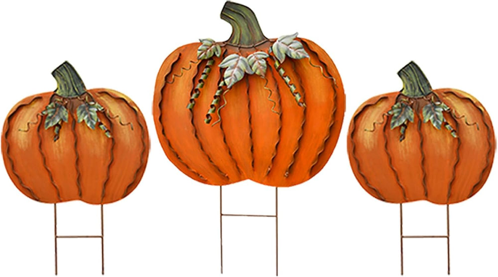 Aecipl Fall Decoration Pumpkin Garden Stakes Set of 3 Metal Yard Signs