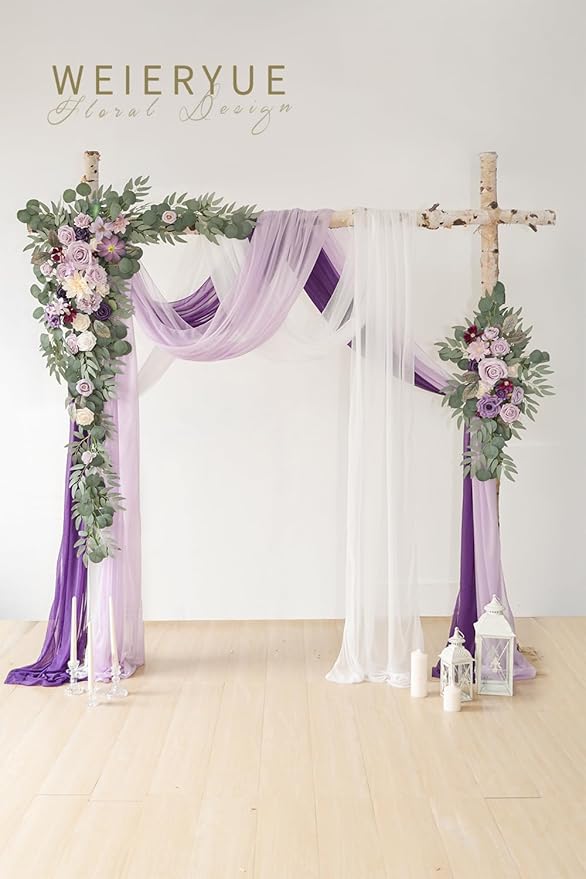 Deluxe Purple Artificial Wedding Arch Flowers with Drapes Kit-Pack of 5, 2pcs Flower Arrangements 3pcs Hanging Sheer Drapes Blue Ceremony Arbor Reception Backdrop Rose Floral Decorations.