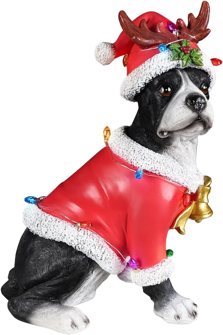Lighted Christmas Bulldog Statue with Antler Hat
