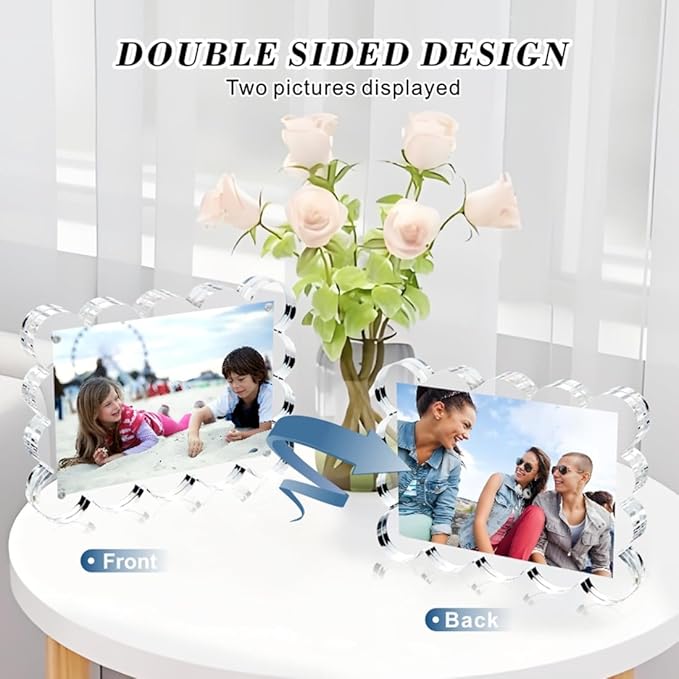 3 Pack 4x6 Inch Magnetic Acrylic Picture Frame,10+10mm Thick Block,Double Sided Clear scalloped frames for Desktop Display | Trendy Home Gift ((3 Pack), 4X6)