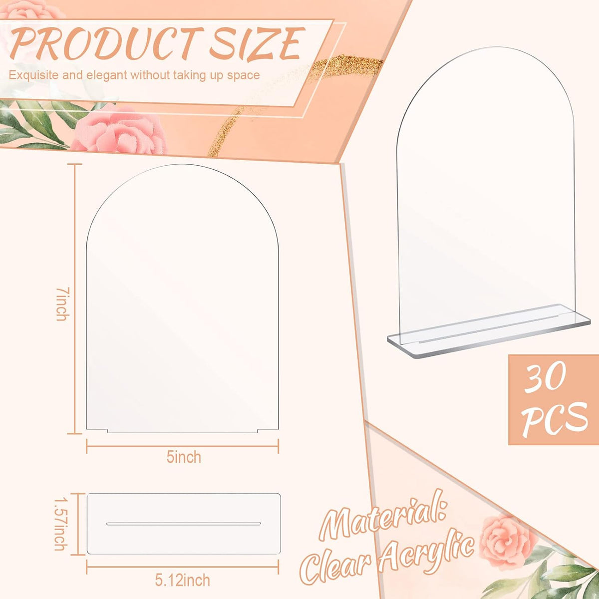 Juexica 30 Packs 5x7 Inch Clear Acrylic Arch Sign - Blank DIY Table Numbers with Stand for Weddings, Office Parties & Menus