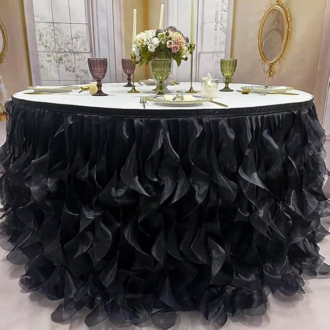 Luxury Organza Mesh Table Skirt Draping Floating Romance - Perfect for Bridal Showers, Birthday Weddings - Clear Flowing Decoration for a Wonderful Main Cake Table (Black-9ft, 108" Lx30 H)