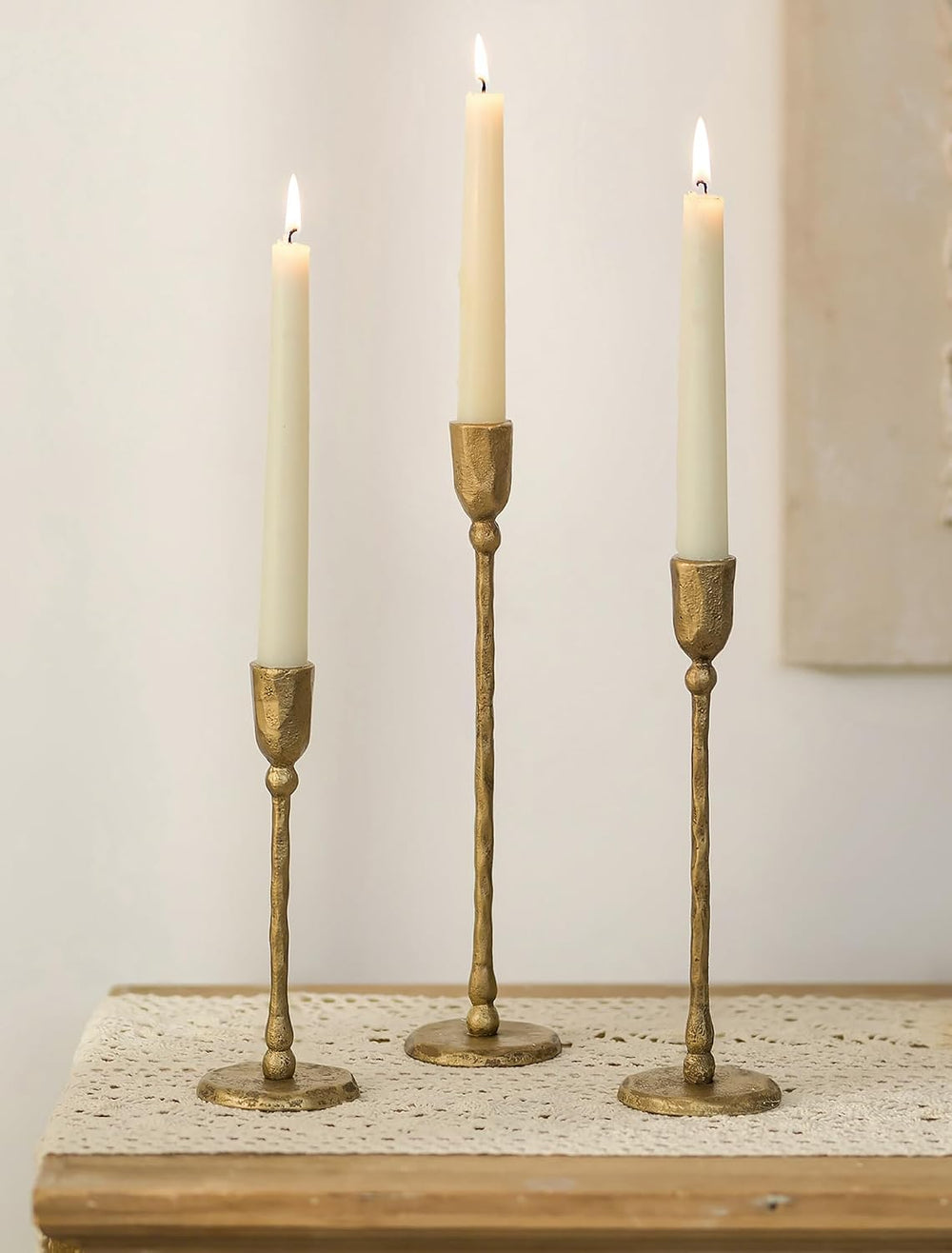 NUPTIO Iron Taper Candle Holders: Antique Brass Candlestick Holder Set of 3
