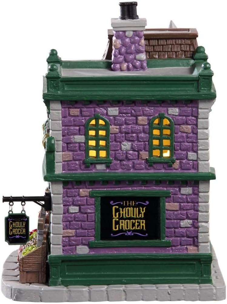lemax ghouly grocer lighted building, #95458 for halloween shown in use
