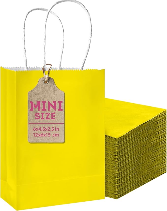 qiqee 50-Packs Bright Yellow Paper Gift Bags with Handles Bulk 4.5"x2.5"x6" Mini Size Party Favor Bags Multiple Uses