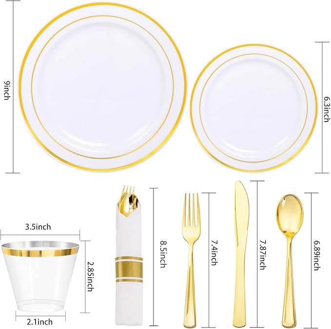 350Piece Gold Dinnerware Set for 50 Guests - Gold Plastic Plates with Disposable Cutlery Include:50Dinner Plates-50Dessert Plates-50Pre Rolled Napkins with Silverware for Thanksgiving