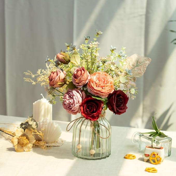 LESING Fake Artificial Flowers with Vase Faux Silk Flower Bouquet in Glass Vase Rose Floral Arrangements Flower for Home Office Decoration, Dining Table Centerpiece (Red)