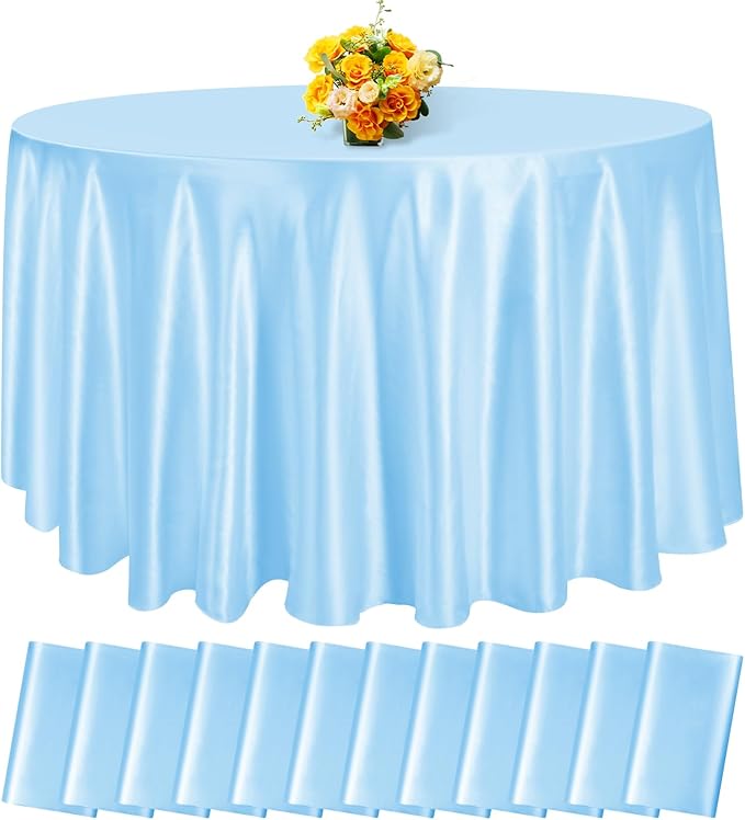 fani 12 Pack 120 Inch Light Blue Satin Tablecloth - Silky Round Tablecloth Overlay Smooth Fabric Table Cover, Bright Table Decoration for Wedding Party Banquet Events Restaurant Kitchen Dining