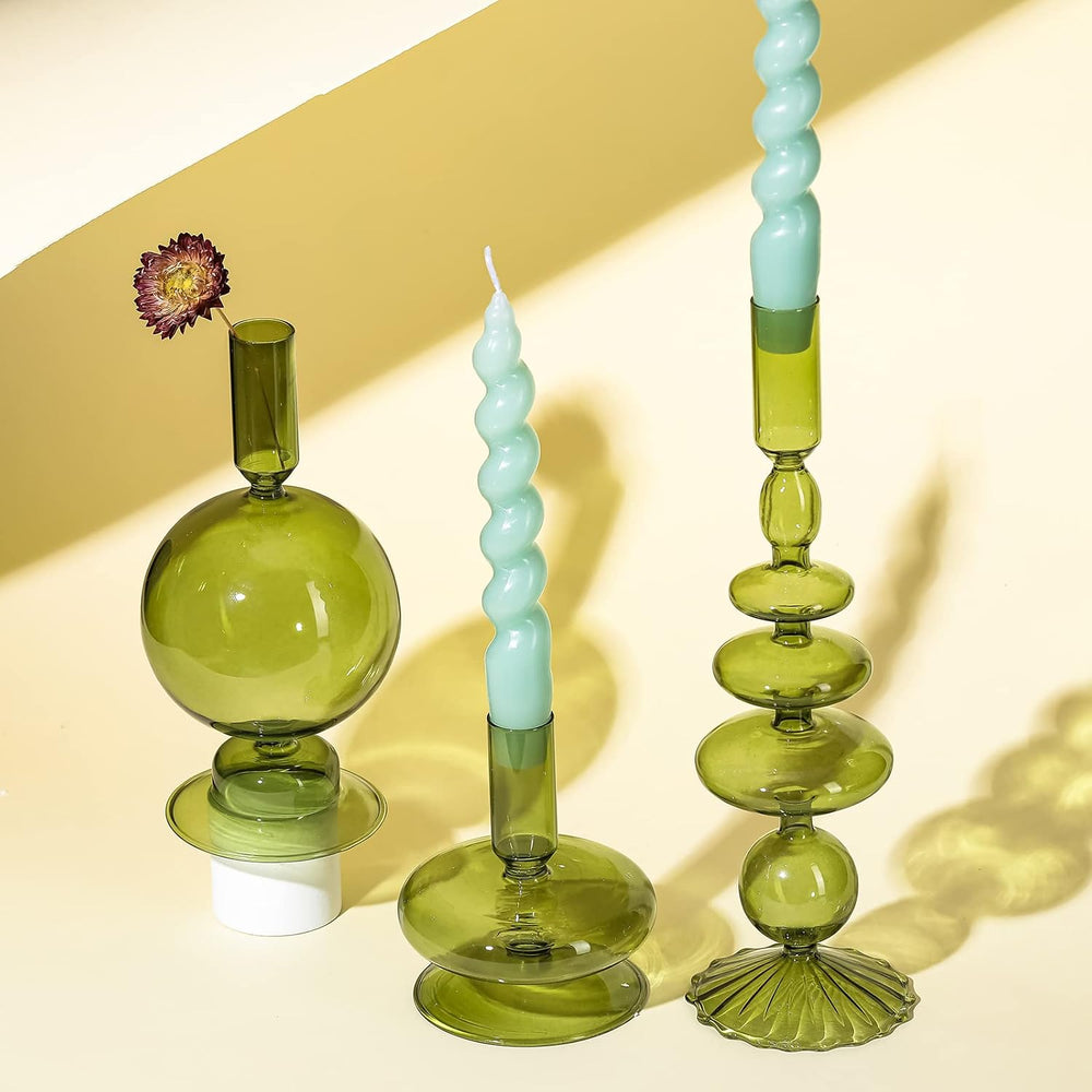 Rtteri 3 Pcs Glass Candle Holder Candlesticks Holders, Green