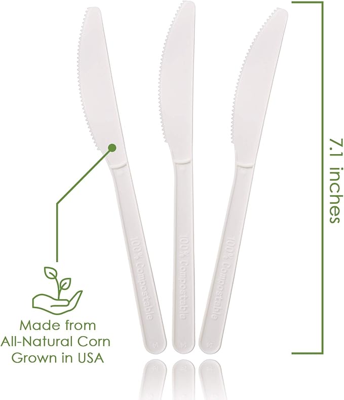 Ecovita 100% Compostable Knives - 140 Large Disposable Utensils (7 in.) Eco Friendly Durable and Heat Resistant Alternative to Plastic Knives with Convenient Tray