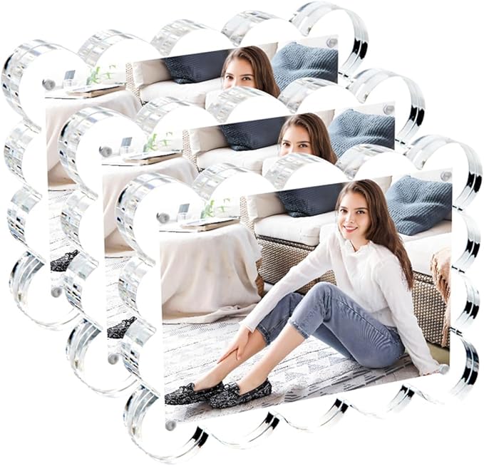 3 Pack 4x6 Inch Magnetic Acrylic Picture Frame,10+10mm Thick Block,Double Sided Clear scalloped frames for Desktop Display | Trendy Home Gift ((3 Pack), 4X6)