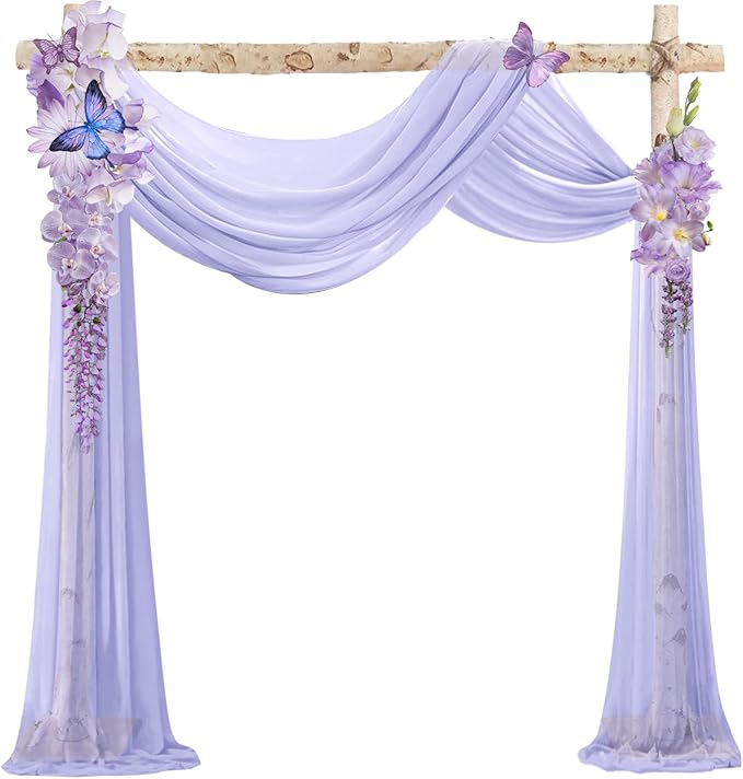 VOK Lavender Wedding Arch Draping Fabric Chiffon Curtains, 29in x 18Ft Sheer Chiffon Outdoor Curtain for Wedding Ceremony Birthday Party Decoration (Lavender,4 Panel)