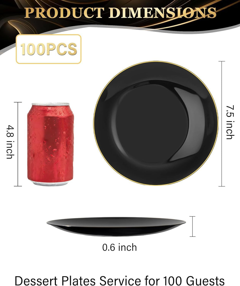 Nervure 100PCS Black Plastic Plates - 7.5″ Black Dessert Plates Disposable