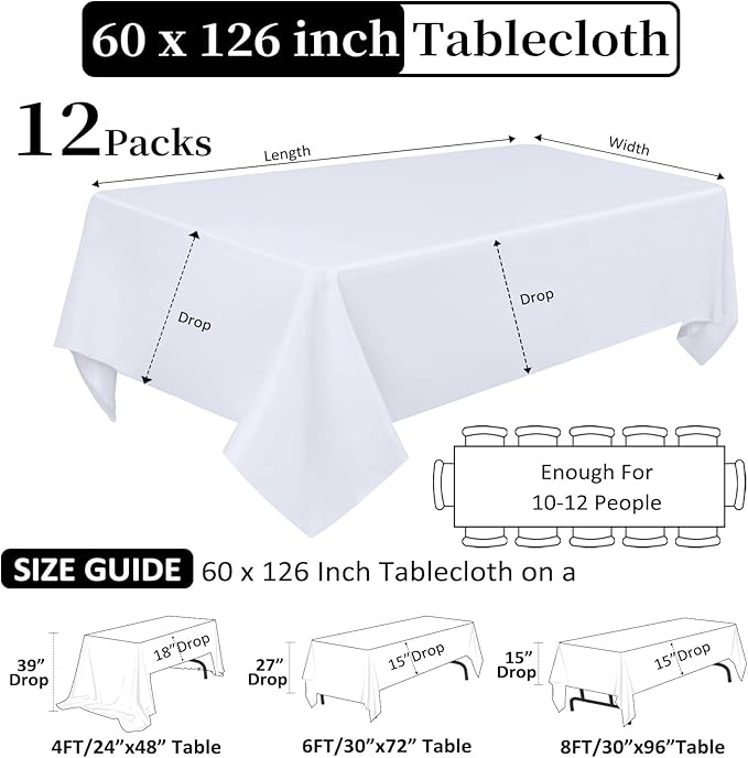 12 Pack White Table Cloth 60 x 126 Inch Rectangular Tablecloths for 8 Foot Rectangle Tables, Wrinkle Resistant White Tablecloth Washable Polyester Fabric Table Covers for Buffet Wedding Party Banquet