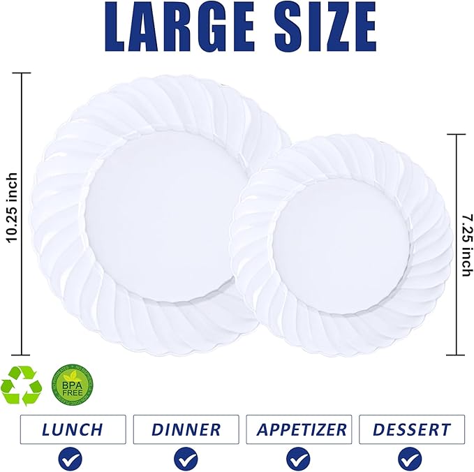 U-QE 60 Pcs White Plastic Plates for Party – Scalloped Plastic Plates Heavy Duty & Elegant – Include 30 10.25" Dinner & 30 7.25" Dessert Plate - Perfect for Weddings, Bridal Showers and Parties