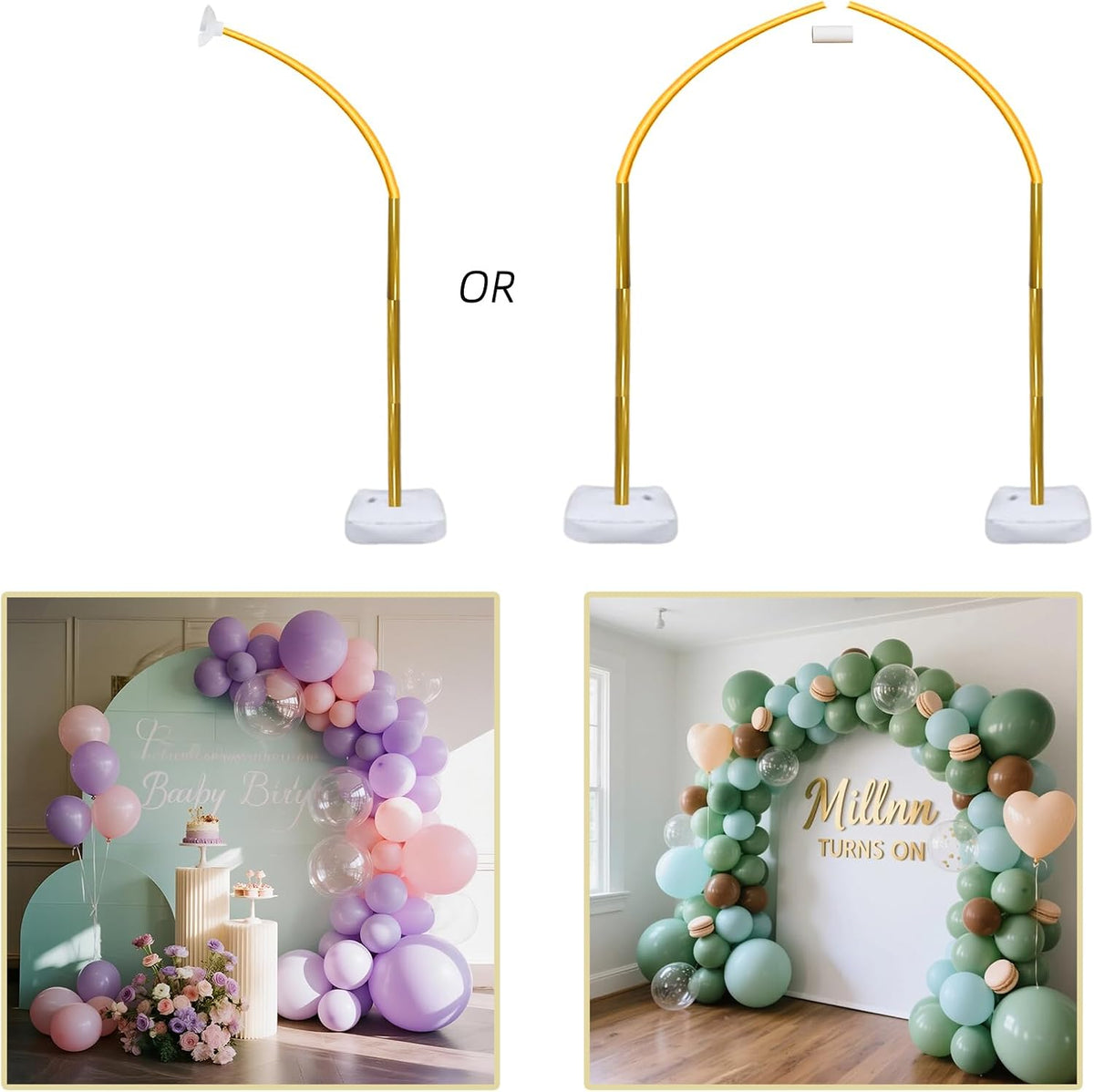 Balloon Arch Stand Kit 9ft &5.6ft,Heavy Duty Base With Water Filling Bag Bendable Half Arch Balloon Arch for Birthdays Holiday Decorations And Other Indoor And Outdoor Parties No Balloons (gold)