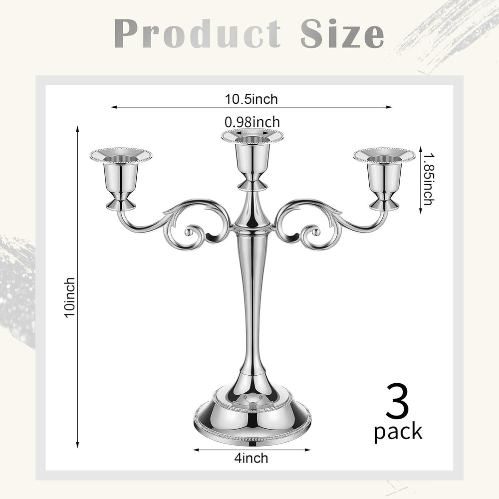 3 Pcs 3 Arm Metal Candelabra Candle Holder, Classic, 10", Silver