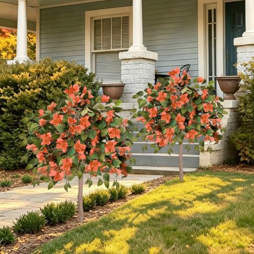 2PCS Fall Tree 4FT Artificial Bougainvillea Tree with Ground Spike UV Resistant Fake Orange Flower Topiary Plants for Outdoor Garden Patio Front Porch Autumn Thanksgiving Halloween Decor