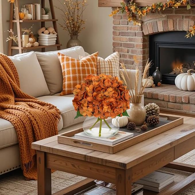 Hollyone Dark Orange Fall Hydrangea Artificial Flowers for Decoration with Glass Vase Silk Faux Flower Arrangements with Faux Water Fake Bouquet Table Centerpiece Vase with Flowers Autumn Home Decor