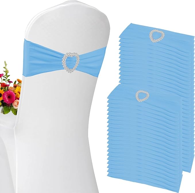 100 Pack Spandex Stretch Blue Chair Sashes Bows Universal Elastic Light Blue Chair Cover Bands Ties with Buckle Slider for Wedding Party Banquet Ceremony Reception Event Decorations