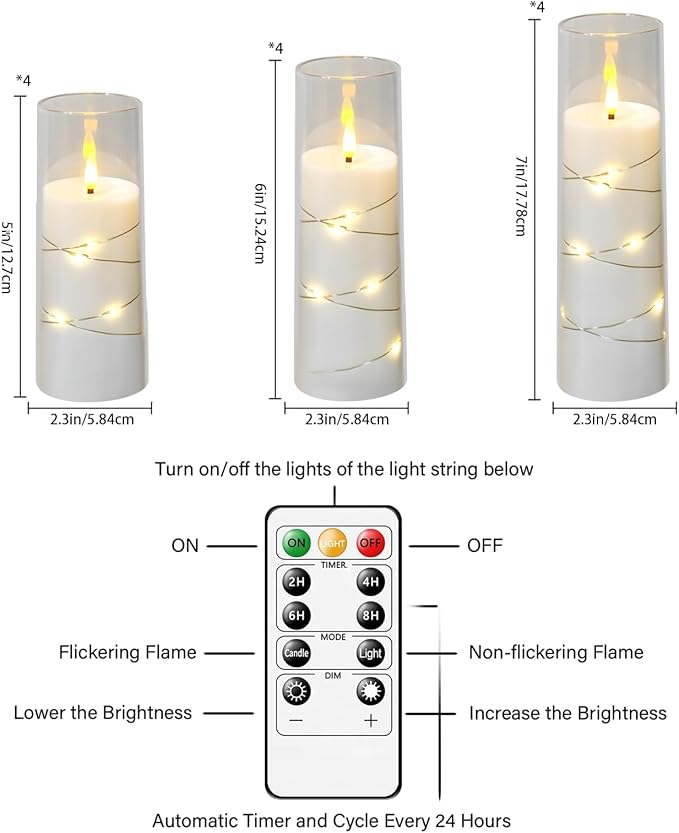 Flameless Candles with Embedded Star String - Battery Operated LED Candles, with Remote,12 White Flickering Candles for Christmas, Weddings, Home Decor & Party,(D 2.3"×H 5" 6" 7")