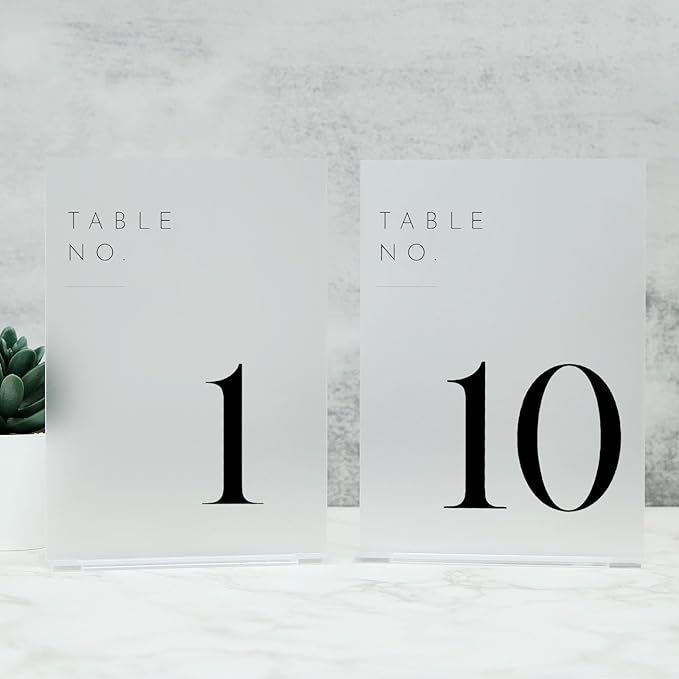 JINMURY Frosted Wedding Table Numbers 1-10 with Stands, 5"x7" Frosted Acrylic Table Numbers, Perfect for Wedding Reception, Party, Anniversary, Event (Black Font, 1-10, 5"x7")