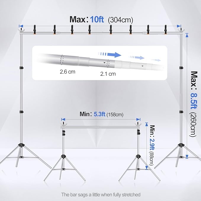 EMART Backdrop Stand 10x8.5ft(WxH) Photo Studio Adjustable Background Stand Support kit with 2 Crossbars, 8 Clamps, 2 Sandbags and Carry Bag for Parties, Events Decoration, Wedding, Photography-Silver