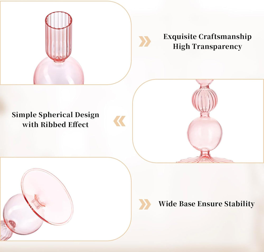 Glasseam Pink Glass Candlestick Holder: Unique Taper for Table Centerpiece