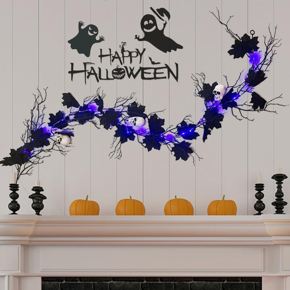 Halloween Black Garland with Timer 2 Pack 6 Feet Dead Branch Garland Lights with Maple Leaves and Skull Battery Operated Black Branch Garlands for Fall Halloween Mantle Wall Home Christmas Decoration