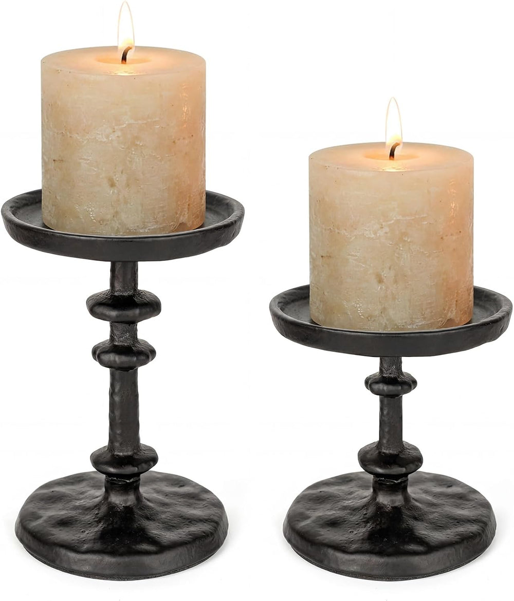 Black Cast Iron Pillar Candle Holders Set of 2 Farmhouse Candlesticks