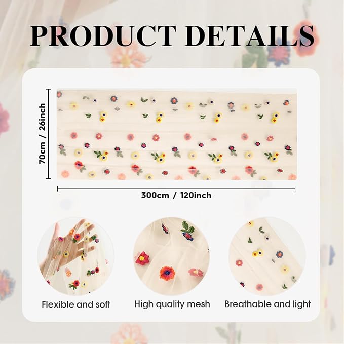 Artoid Mode 6PCS Champagne Embroidery Daisy Gauze Table Runner 120 Inch 10FT, Seasonal Sheer Kitchen Dining Holiday Wedding Birthday Table Decor for Home Party