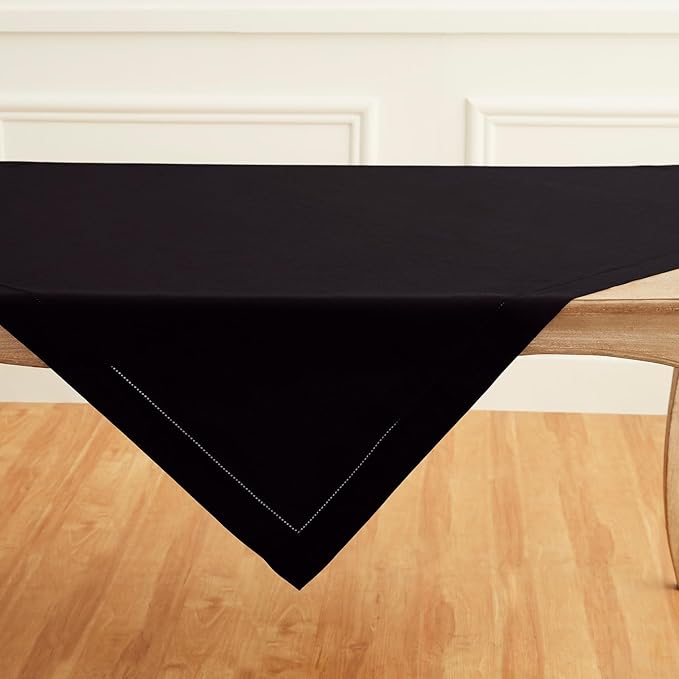 Solino Home Black Linen Tablecloth 52 x 52 Inch - 100% Pure Linen Square Table Throw - Classic Hemstitch, Machine Washable Table Cloth for Fall, Autumn, Halloween, Thanksgiving, Holiday