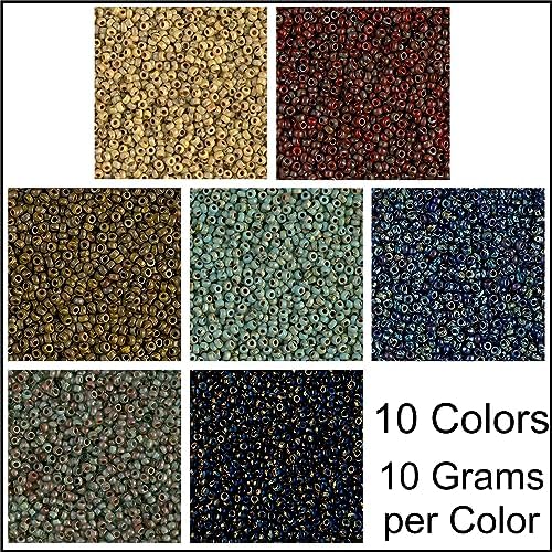 Set of 10 Colors - Miyuki Size 11/0 Round Seed Beads, 100 Grams - Picasso Collection in Flip-Top Containers and Plastic Storage Box