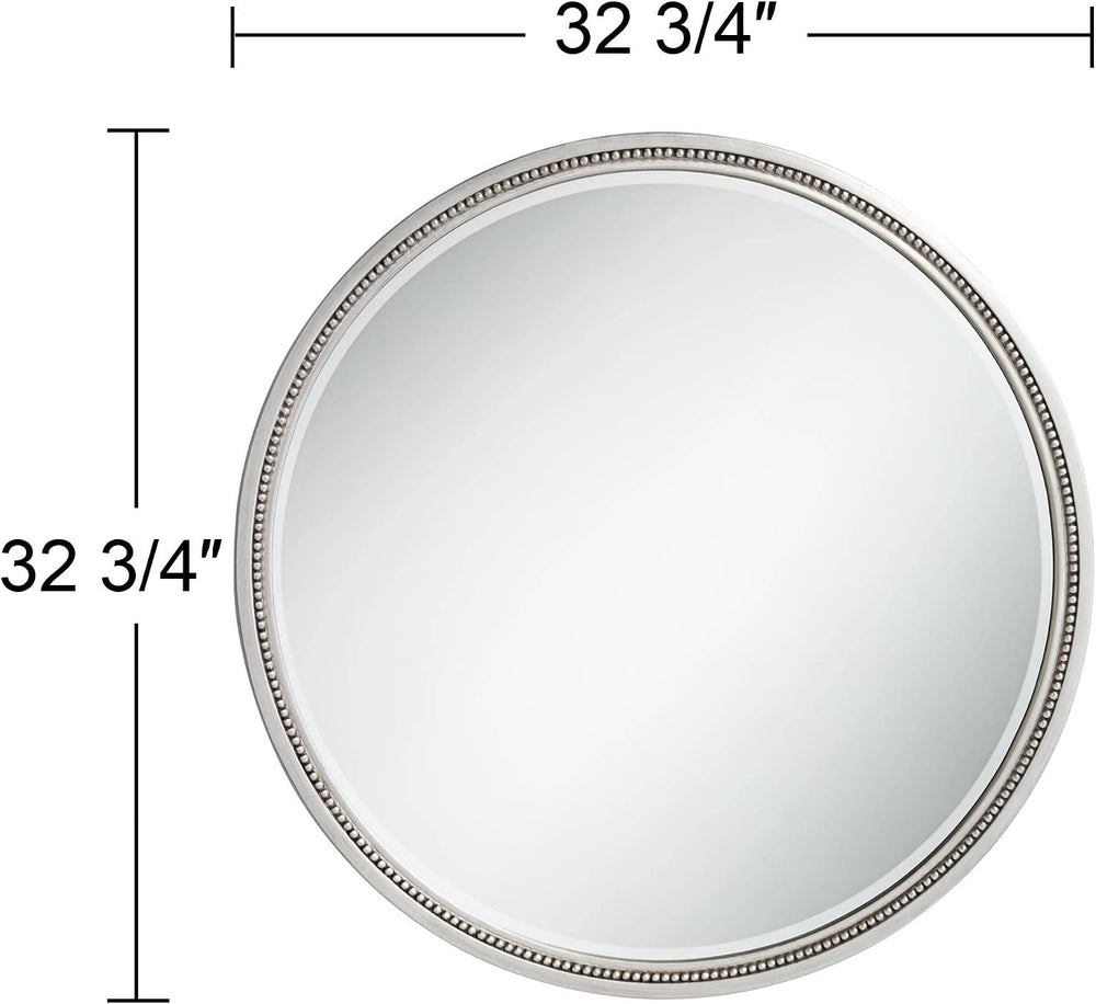 Lorraine Modern Round Vanity Decorative Wall Mirror Silver Beaded Trim Surrou...