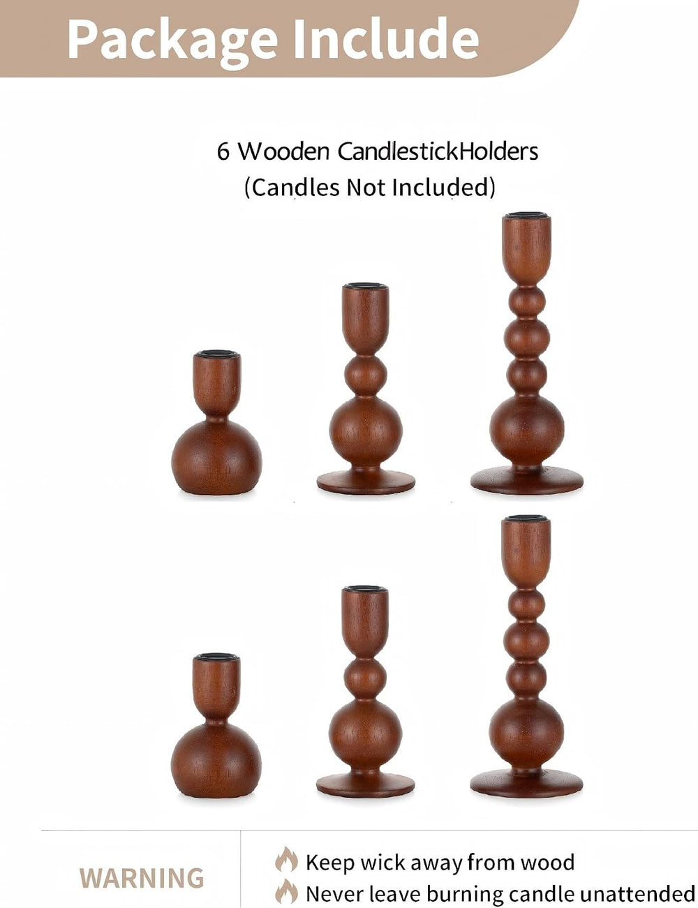NUPTIO Wooden Taper Candle Holders, Set of 6 Brown Candlesticks