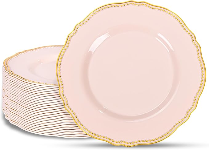 Hioasis 60pcs Pink Plastic Plates - Pink and Gold Disposable Dinnerware with Gold Rim, Heavy-duty, 10.25 inch, Dinner Plates for Party & Wedding