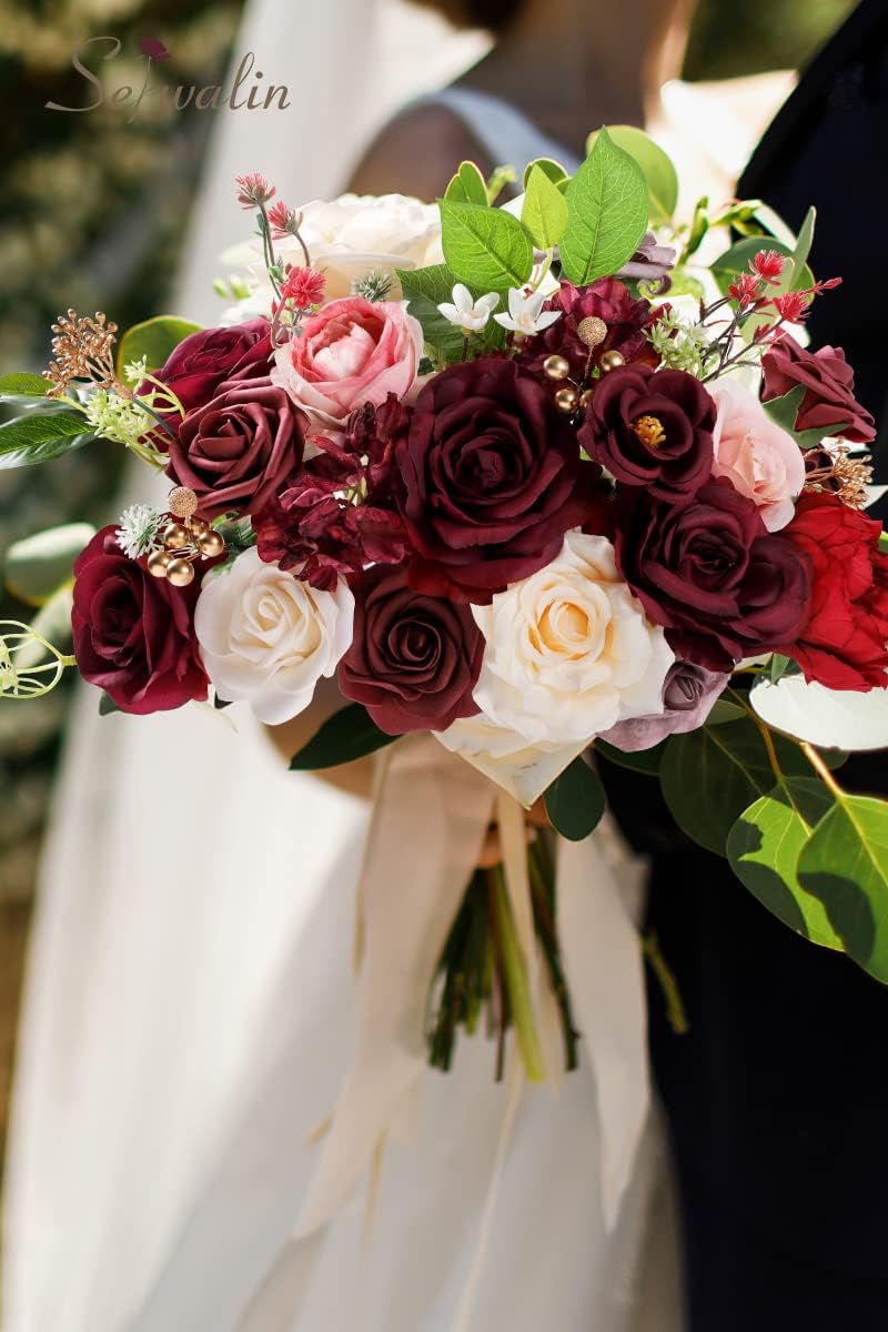 Burgundy Artificial Flowers Combo, Silk Rose Flowers for Wedding