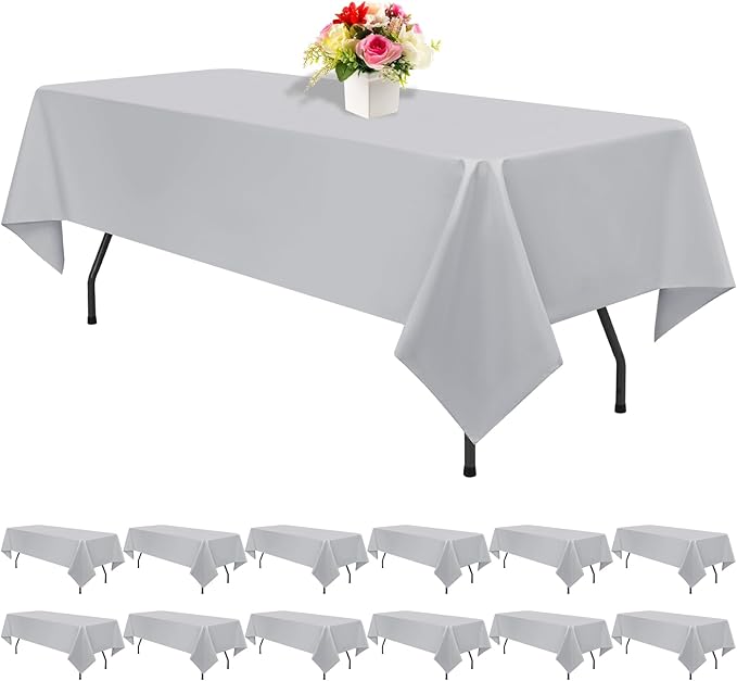 12 Pack Light Grey Tablecloths for Rectangle Tables 60 x 126 Inch Polyester Tablecloth 8 Foot Rectangle Table Cloth Wrinkle Resistant Washable Fabric Table Cover for Party Wedding Banquet Events