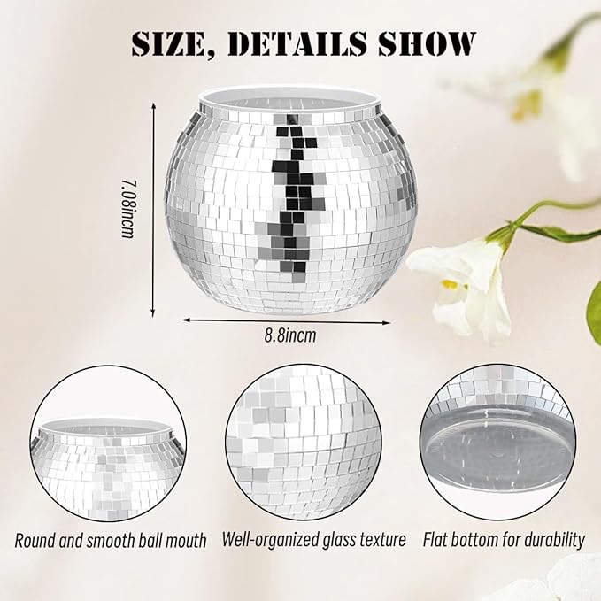 6 Pcs Disco Ball Vase,Plastic Disco Ball Centerpieces Silver Disco Ball Planter Mirror Disco Ball Ice Bucket Disco Ball Decor Can Be Used for Wedding Centerpieces,Birthday,Office(9 Inch)
