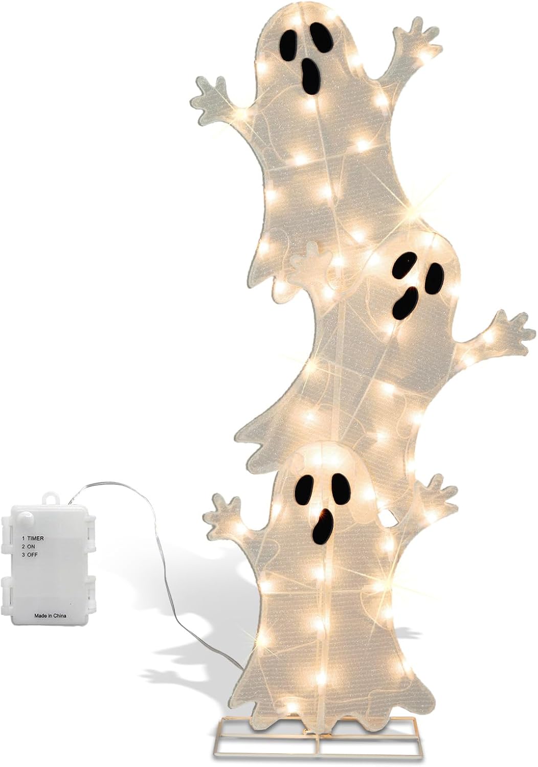 halloween lighted 3 stacked ghosts, 42’’ h pre-lit shown in use