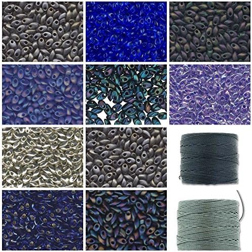 90g Grams Long Magatama Bead Mix Miyuki. Sapphire, Silver, Midnight, Cobalt. 9 Colors, 10g Each Plus 2 spools Cord. Kumihimo, Braiding, Macrame.